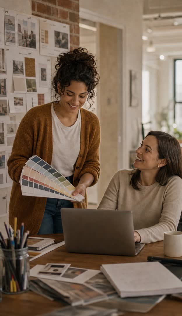 Two colleagues reviewing work together at a shared desk